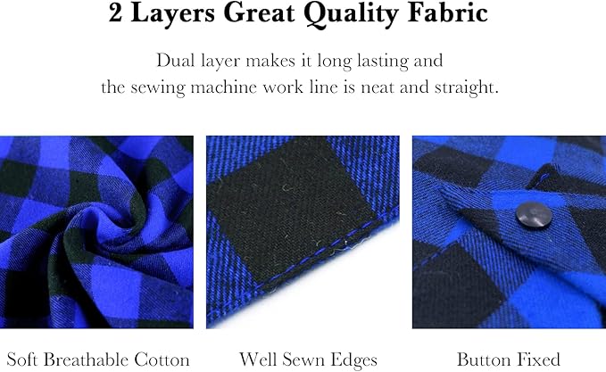Plaid Dog Bandana with Button, Dual Layer Soft Cotton Triangle Dog Scarf Kerchief Washable Girl Boy Dog Bandanas Adjustable Accessories for Small Medium Large Extra Large Dog Puppy Pet