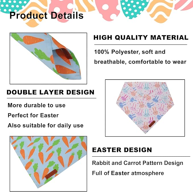 ADOGGYGO Easter Dog Bandanas 2 Pack, Reversible Bunny Carrot Print Puppy Scarf, Premium Fabric, Adjustable Fit Easter Bandana for Extra Large Dogs (X-Large)