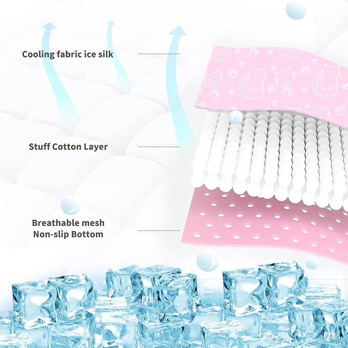 NWK Pack of 4 Pet Cooling Mat - Ice Silk Cooling Mat for Dogs & Cats Portable & Washable Pet Cooling Blanket, Car Seats, Beds for Summer (4pcs, Pink Cat, 20’’ X 16’’ X 0.3)