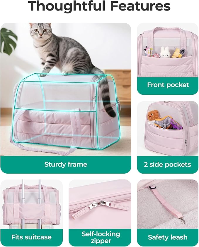 BAGSMART Cat Carrier: Soft-Sided Pet Carrier for Small Medium Cats Dogs Puppy Quilted Collapsible Puffy Travel Bag Up to 20 Lbs Black