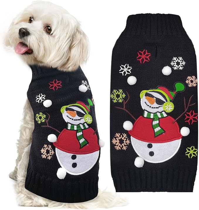 Christmas Dog Sweaters Xmas Pet Outfit Clothes Cute Black Snowman Costume Puppy Cat Knitted Jumpers (XXS,Black Snowman)
