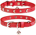 Leather Cat Collars for Boy Girl Cats with Bell and Safety Elastic Belt, Personalized Star and Moon Stud Adjustable Safe Buckle Collar for Kitty Small Big Cats Size 7-9 Inch, Red