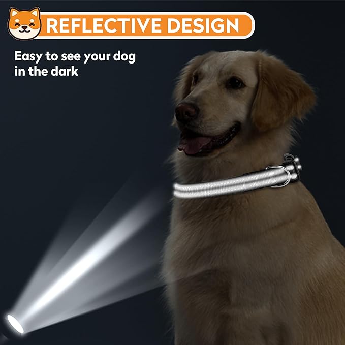 Reflective Dog Collar, Adjustable Soft Neoprene Padded Nylon Pet Collars with Buckle for Puppy and Small Dogs, Cats, Black,XS