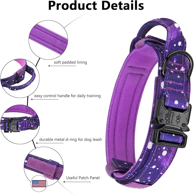 DAGANXI Tactical Dog Collar, Adjustable Military Training Nylon Dog Collar with Control Handle and Heavy Metal Buckle for Medium and Large Dogs, with Patches and Airtags Case (M, Purple Sky)