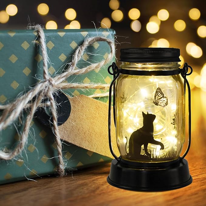 kyoryuger Cat Lover Gifts for Mom/Grandma/Women/Sister Cat Butterfly Solar Light Gifts Solar Lanterns Outdoor Waterproof Fairy Lights Led Mason Jar Hanging Cat Lamps Decor for Garden Yard Patio