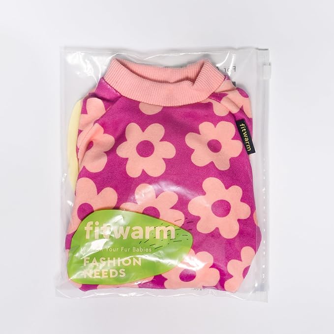 Fitwarm Flower Fleece Dog Pajamas, Warm Winter Dog Clothes for Small Dogs Girl, Cozy Pet Onesie with Feet, Pink, Large