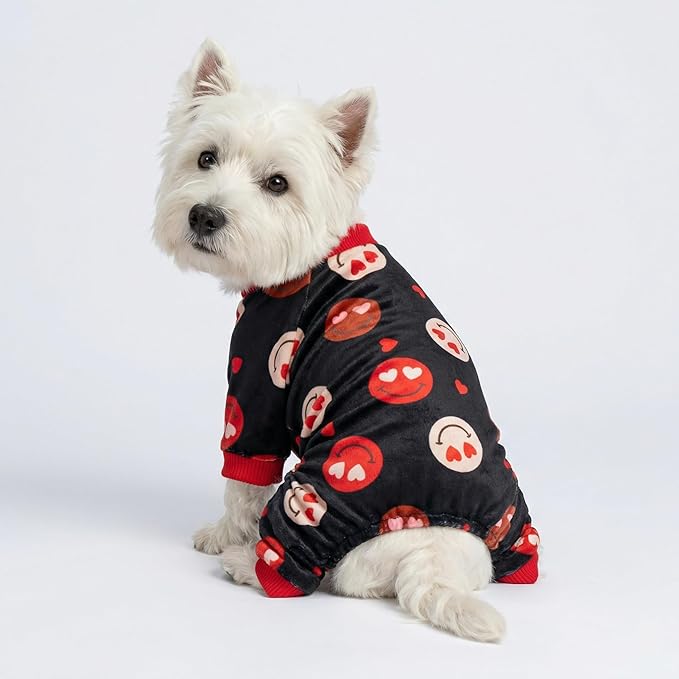 Fitwarm Hearts Eyes Smily Face Dog Pajamas, Cozy Valentines Outfit for Small Dogs Boy Girl, Festive Pet Clothes, Black, Red, XL