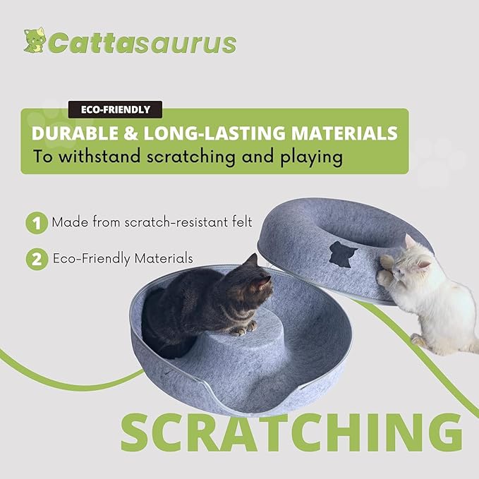 Cattasaurus Peekaboo Cat Cave Donut for Multiple & Large Cats up to 30-45 lbs, 3-in-1 Self Warming Cat Bed, Tunnel & Scratcher for Indoor Cats, Washable & Detachable Small Dog Bed (Dark Gray, Jumbo)