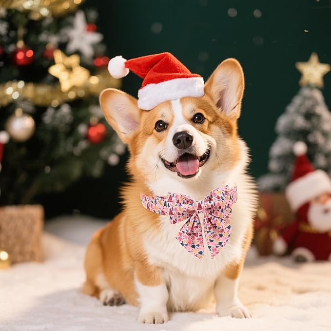Christmas Dog Collar with Bow Tie, Pink Christmas Tree Collars for Dogs, Adjustable Pet Collar with Cute Xmas Tree Pendant, Winter Dog Accessories for Small Medium Large Dogs L
