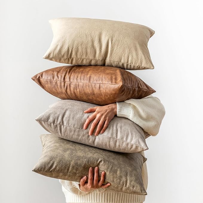 Pack of 2 Leather Lumbar Pillow Covers, Modern Decorative Thickened Luxury Faux Leathe Throw Pillow Covers for Home Decor Outdoor Waterproof Pet Hair Resistant Pillow Covers 12x20 inch Beige