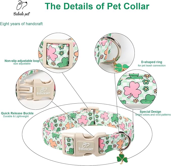 St Patricks Day Dog Collar for Giant Large Dogs - Cute Pastel Lucky Clover Dog Collars, Lightweight Adjustable Irish Green Festival Dogs Collars with Quick Release Buckle XL