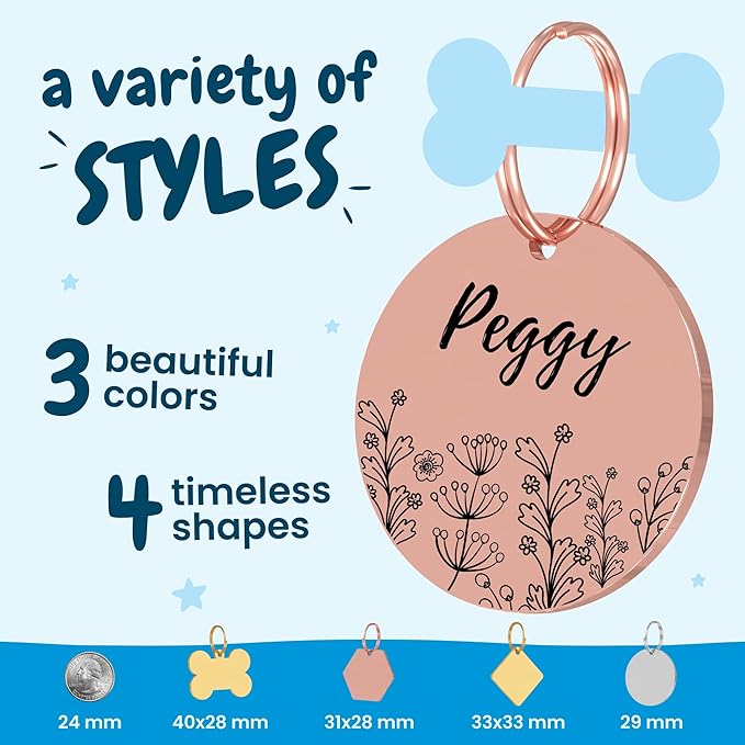 PawFurEver Dog & Cat Tags - Personalized Engraved Custom Name Tags - Stainless Steel - Rose Gold Bone Shapes