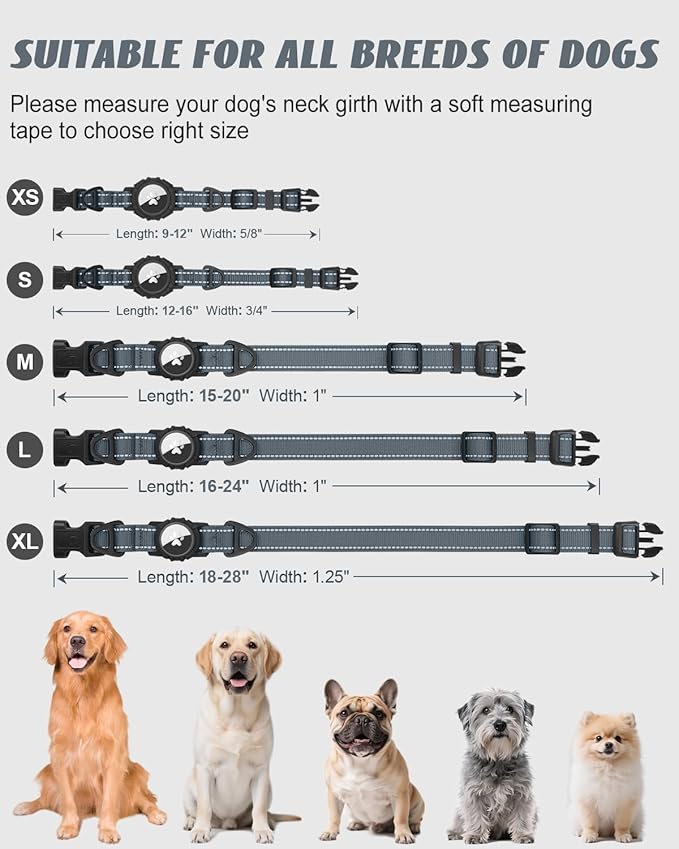 Joytale Airtag Dog Collar, Reflective Pet Collar with Waterproof AirTag Holder, Dual D-Rings, Soft Padded Adjustable for Extra Small and Puppy Dogs, Gray, XS