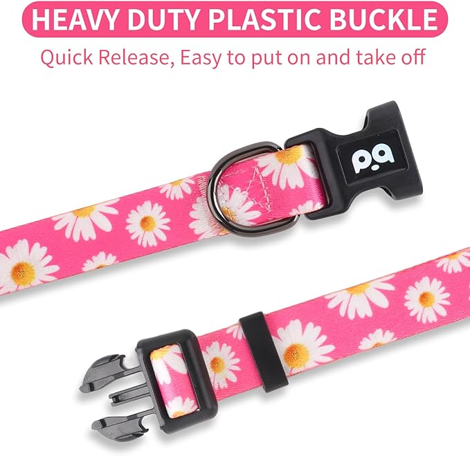 QQPETS Adjustable Soft Dog Collar: Print Flower Pink Multicolor Cute Patterns for XS Small Medium Large Pet Girl Boy Puppy Walking Running Training (S, Small Daisies)