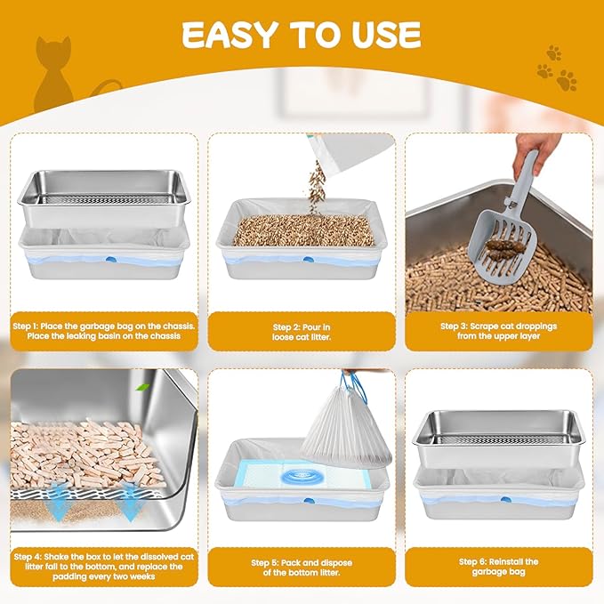23.6''x15.7''x8'' Stainless Steel Sifting Litter Box, XXL Large Metal Sifting Cat Litter Box for Pine Pellets, Litter Pan Tray System for Indoor Cats with Scoop and Pee Pad, Easy to Clean(8 Inch)