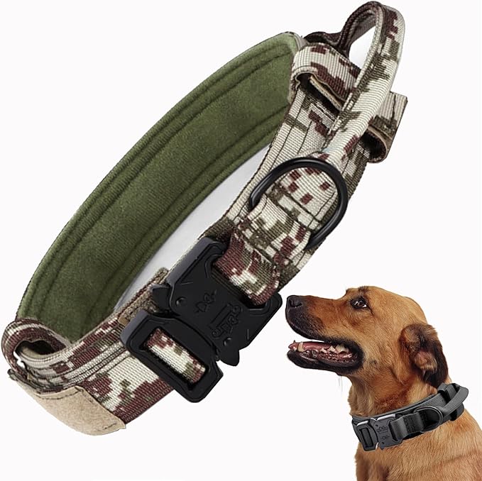Tactical Dog Collar, Adjustable Military Training Nylon Dog Collar with Control Handle and Heavy Quick-Release Metal Buckle for Small Medium Large Dogs, Camo S