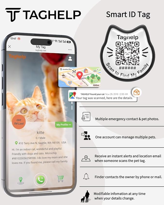Smart Breakaway Cat Collar with QR Code Pet ID, Built-in AirTag Holder, Adjustable Cotton Cat Collar with Bell for Kittens and Adult Cats ，Pastoral Style with airtag Holder(Purple)