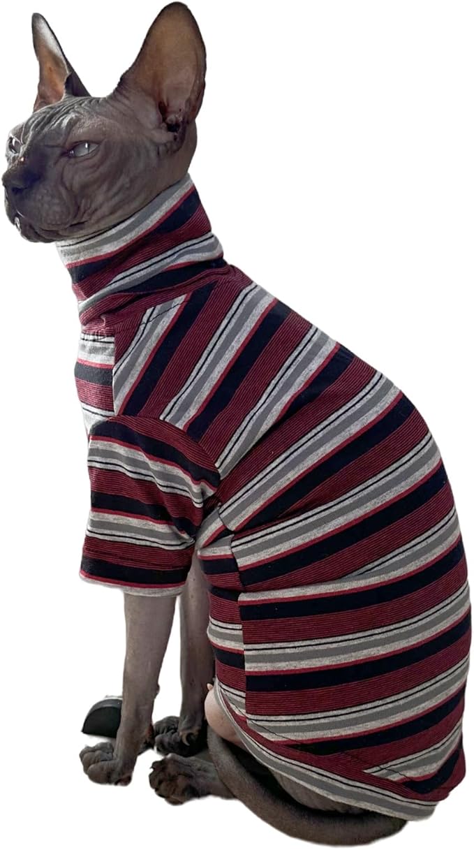 Vintage Stripes Sphynx Hairless Cats Shirt Cotton Cat Turtleneck Pet Clothes Kitten T-Shirts with Sleeves for Sphynx Cats (Old School, XX-Large)