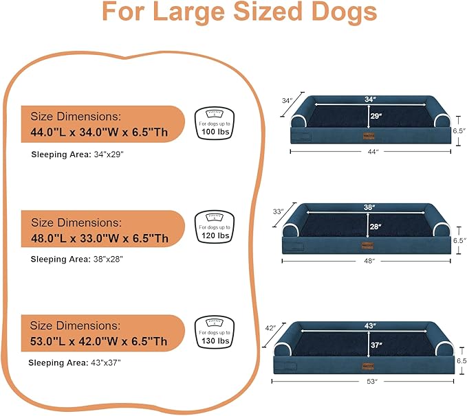 Large Dog Bed Orthopedic Washable: Beds Bolster XL Bed Large Big Dogs Memory Foam Couch Sofa Waterproof with Removable Cover - Navy Blue