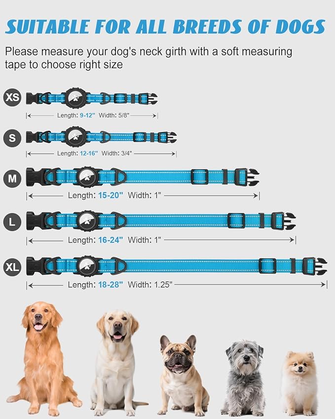 Joytale Airtag Dog Collar, Reflective Pet Collar with Waterproof AirTag Holder, Dual D-Rings, Soft Padded Adjustable for Large Dogs, SkyBlue, L