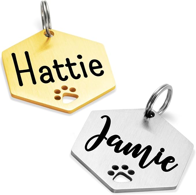 Ultra Joys Dog Tags Personalized for Pets - Hollow Paw Custom Pet ID Tag - Engraved Dog Tag for Small, Large Dogs - Large Hexagon in Gold