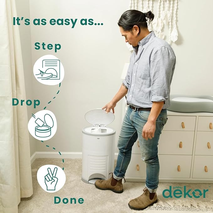 Diaper Dekor EKO Plus Diaper Pail Gift Set, White | ONLY Eco-Friendly Diaper Pail Made with 70% Recycled Materials | Comes with up to a Year's Supply Worth of Diaper Dekor Refills!