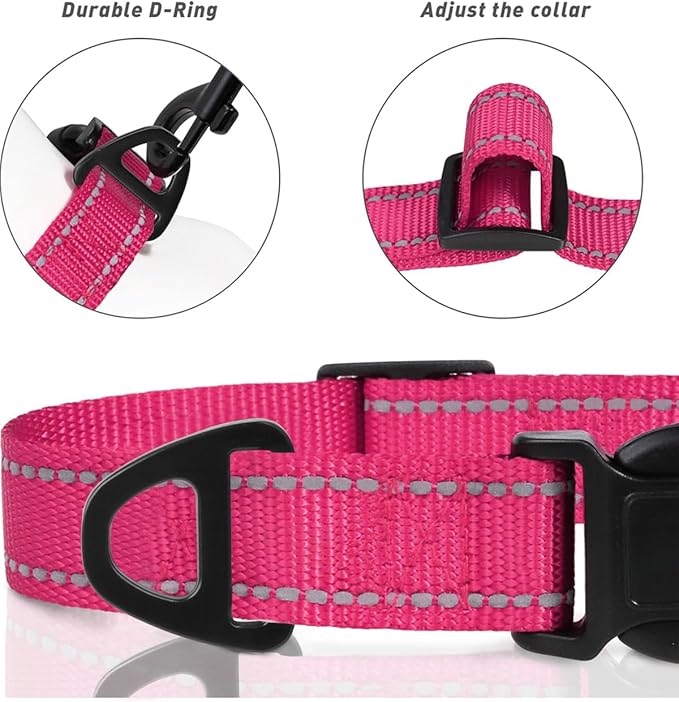 TagME Reflective Nylon Dog Collars, Adjustable Classic Pet Collar with Quick Release Buckle for Small Dogs, Hot Pink, 3/4" Width