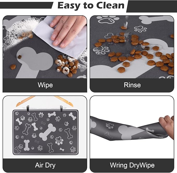 Pet Feeding Mat,Rapid Absorbent Mats for Dog Cat Food, Dog Placemat Water Bowl Mat with Rubber Backing,Messy Drinkers to Protect Floors, Pet Accessories 12"x18" Dark Grey