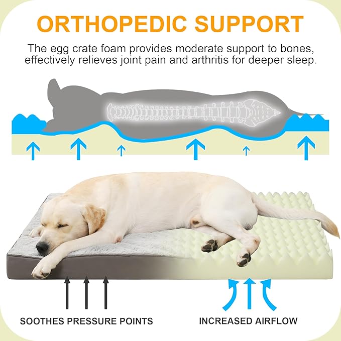 KSIIA Orthopedic Dog Bed, Waterproof, 41 x 27 Inch, Gray, Deluxe Plush, Removable Cover, Durable Zipper, Orthopedic Foam, 3-Inch Thick, For Dogs Up to 80lbs