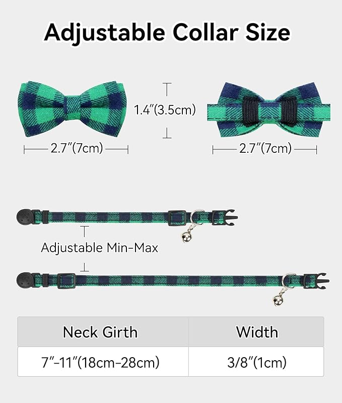 Joytale Upgraded Cat Collar with Bells, Breakaway Cat Collars with Bow Tie, 2 Pack Girl Boy Safety Plaid Kitten Collars, Green+Orange