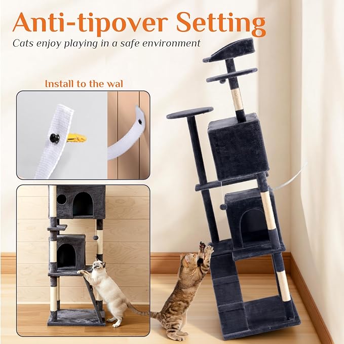 Sweetcrispy 80 Inch Cat Tree Tower, Multi-Level with Cat Scratching Post, Indoor Cat Condo with Climbing Ladder, Plush Toy, Play House for Cat, Dark Grey