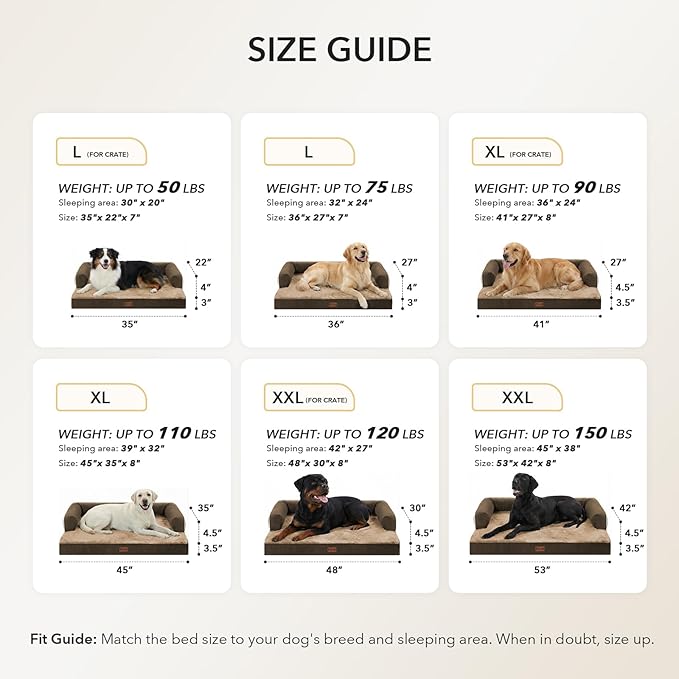 Orthopedic Dog Beds for Large Sized Dogs, Waterproof Egg Crate Foam Medium Dog Couch Beds for Crate 35x22Inch, Washable Pet Beds with Removable Cover and Nonskid Bottom, Brown