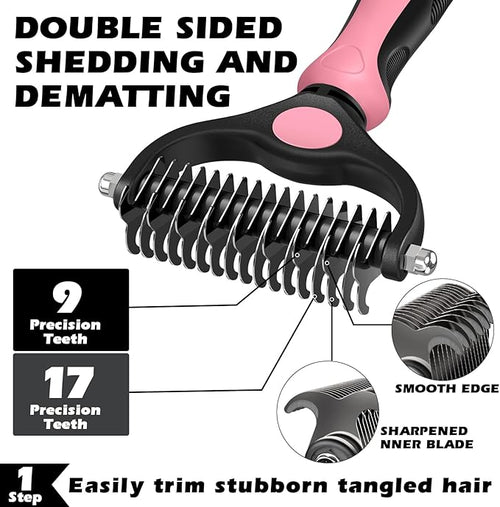 3PCS Self Cleaning Slicker Brush & Pet Grooming Rake & Flea Comb for Dogs,Cats and Horses | Double-Sided Dematting Comb & Skin Friendly Deshedding Grooming Tool | Pet Supplies (Light Pink Black)