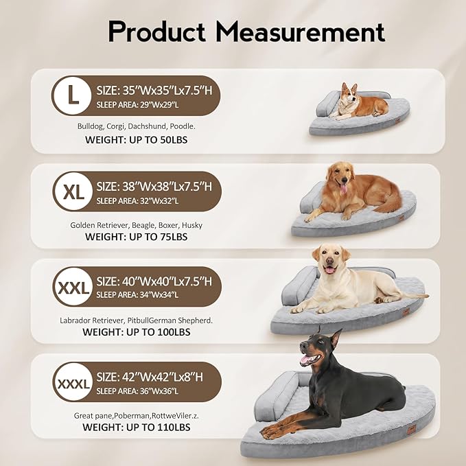 Large Dog Bed - XL Orthopedic Egg-Crate Memory Foam Dog Beds with Removable Washable Cover, Waterproof Pet Beds with Non-Slip Bottom, Grey