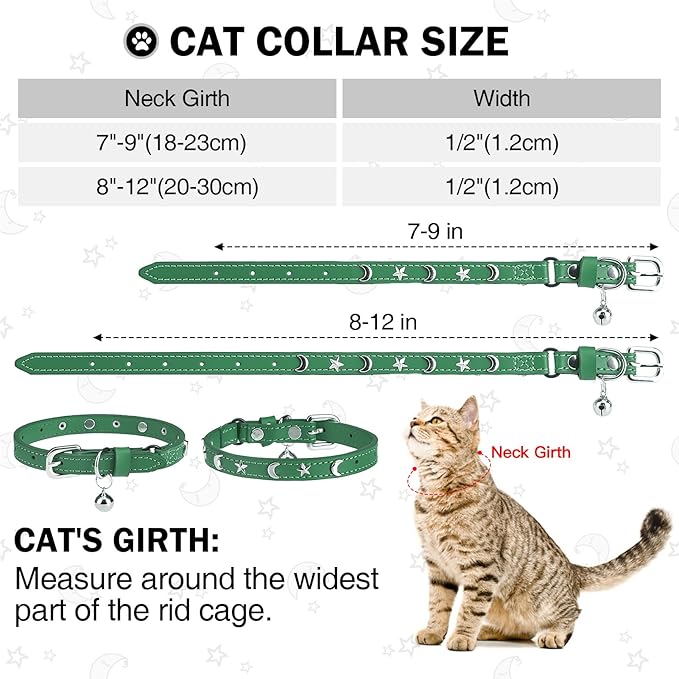 Leather Cat Collars for Boy Girl Cats with Bell and Safety Elastic Belt, Personalized Star and Moon Stud Adjustable Safe Buckle Collar for Kitty Small Big Cats Size 8-12 Inch, Green
