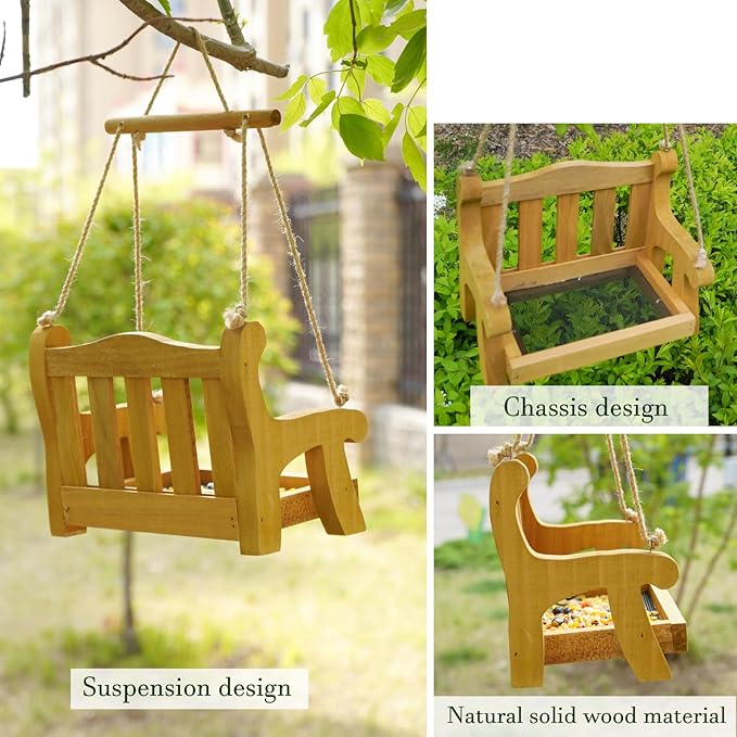 Notakia Set of 2 Swing Wild Bird Feeder Stand for Outside, Metal Mesh Bottom, Wood Bench Shaped Bird Feeders for Outside Hanging, Swing Chair Bird Feeder for Garden Yard Patio，Porch Decoration