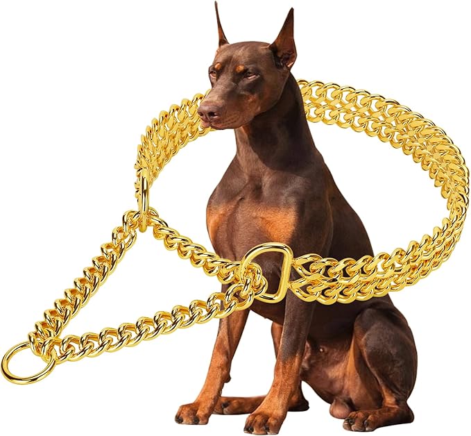 Gold 18K Gold Dog Chain Collar - Stainless Steel, Adjustable, Chew Proof, Cuban Link, Double Row, Walking Collar for Large, Small, Medium Dogs