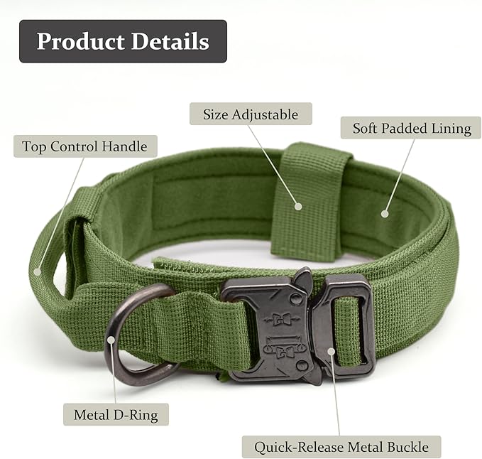 Tactical Dog Collar, Adjustable Military Training Nylon Dog Collar with Control Handle and Heavy Quick-Release Metal Buckle for Small Medium Large Dogs, Green S