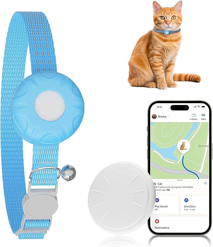 Cat GPS Tracker, Smart Cat Tracker Compatible with Apple Find My App (Only iOS), No Monthly Fee, Waterproof, Breakaway Collar Included (White Tracker, Blue Cat Collar)