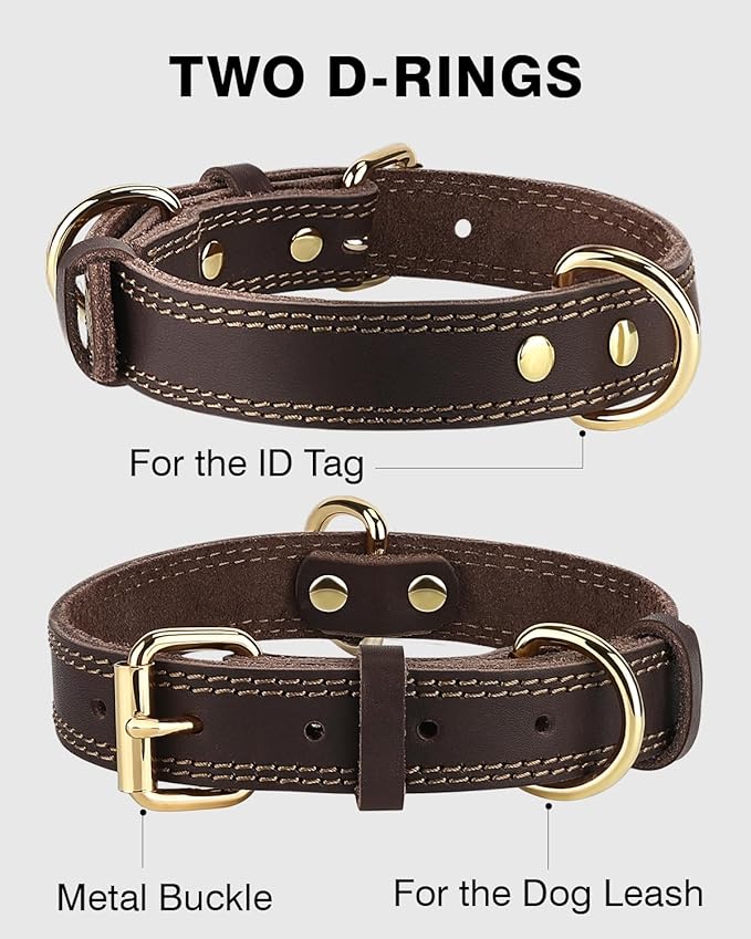 Joytale Leather Dog Collar for Small Dogs, Genuine Solid Sturdy Leather for Active Small Breeds, Adjustable Metal Pin Buckle, Durable and Secure Pet Collar for Daily Use, Brown, XS