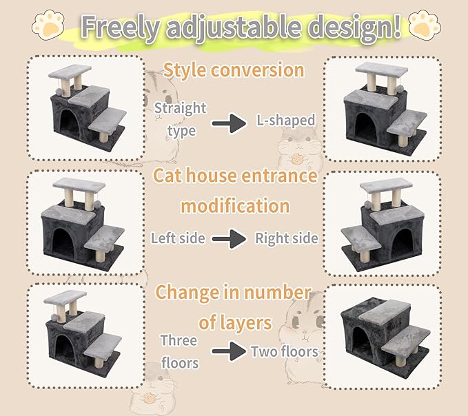 3-in-1 Pet Stairs for Cats for High Bed, Adjustable Dog Steps, Modular 3-Tier, Cushioned Steps & Big Cat Condo, Adjustable Entrance, Dangling Ball, for Kittens, Senior & Fat Cats (Beige, Large)