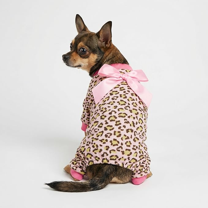 Fitwarm Leopard Dog Pajamas, Fleece Dog Clothes for Small Dogs Girl with Legs, Pet Onesie, Cat Outfit, Pink, XL