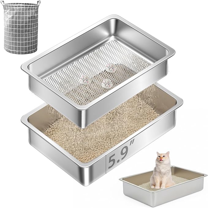 Teheao Stainless Steel Sifting Cat Litter Box for Clumping Litter, Kitty Large Metal Sifter Tray Pan with Cat Litter Bag, Low Dust, Odor Control, Easy Cleaning (17.7"*13.8"*5.9")