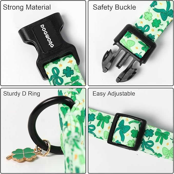 DOGWONG St Patrick's Day Dog Collar-Cute Green Clovers Dog Collar, Adjustable Cotton Shamrock Pet Collar Trefoil Puppy Collars with Quick Release Buckle,XL