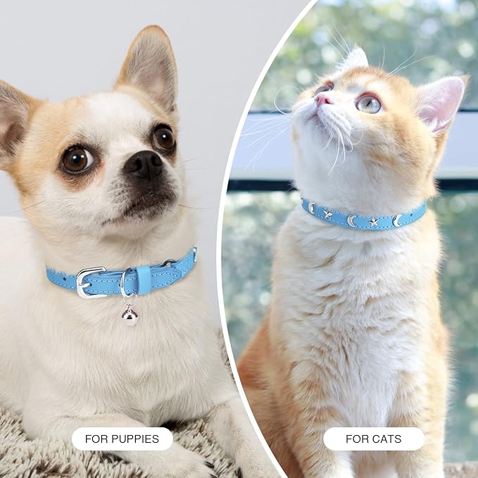 Leather Cat Collars for Boy Girl Cats with Bell and Safety Elastic Belt, Personalized Star and Moon Stud Adjustable Safe Buckle Collar for Kitty Small Big Cats Size 8-12 Inch, Light Blue