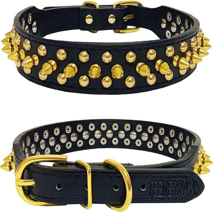 TEEMERRYCA Black Leather Dog Collar with Gold Spikes for Small Medium Large Pets,Pit Bulls/Bulldog, Keep Dog Safe from Grabbing by Huge Dogs,XL(17.7"-20.5")
