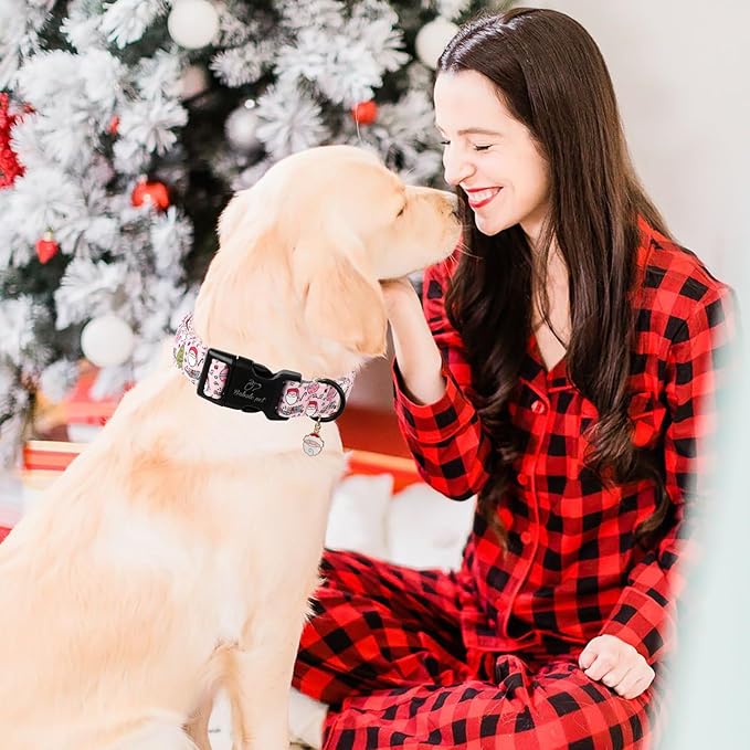 Christmas Dog Collar for Giant Large Dogs - Cute Santa Print Pink Christmas Collars for Dogs, Soft Adjustable Winter Holiday Dog Collars with Quick Release Buckle XL