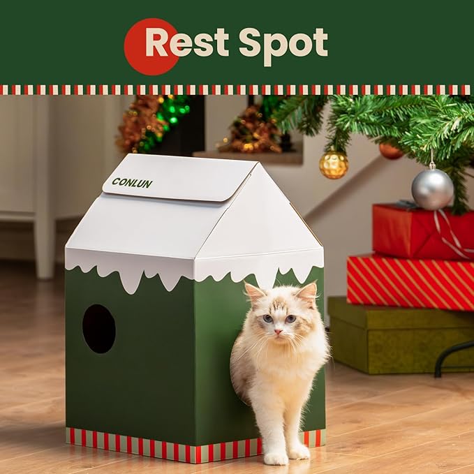 Cardboard Cat House with Scratch Pad & Catnip, Cat Play Scratching House for Indoor Hideaway Furniture, Heavy Duty Sturdy Cardboard Scratcher, Easy to Assemble Birthday Gift, Medium