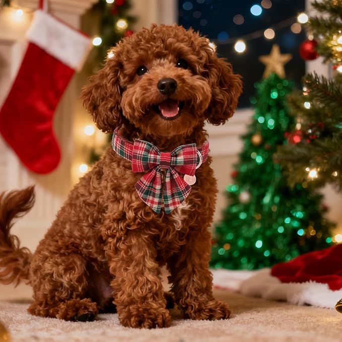 Christmas Plaid Dog Collar with Bow Tie– Adjustable Red & Green Checkered Dog Collar for Small Medium Large Dogs, Soft Xmas Plaid Puppy Collars with Quick Release Buckle XL