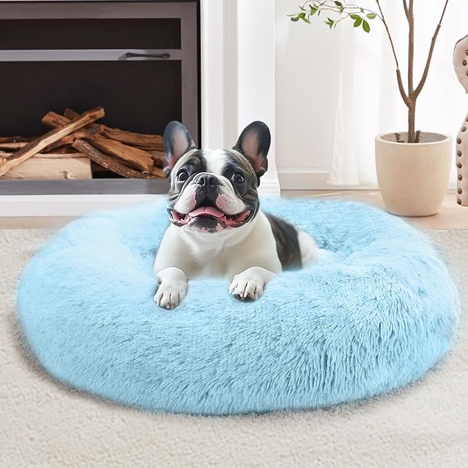 JOLLYVOGUE Calming Small Dog & Cat Bed for Indoor Cats - 20 inches Washable Donut Bed for Kittens & Puppies, Anti-Anxiety Round Fluffy Plush Pet Beds (Fits up to 15 lbs, Light Blue)